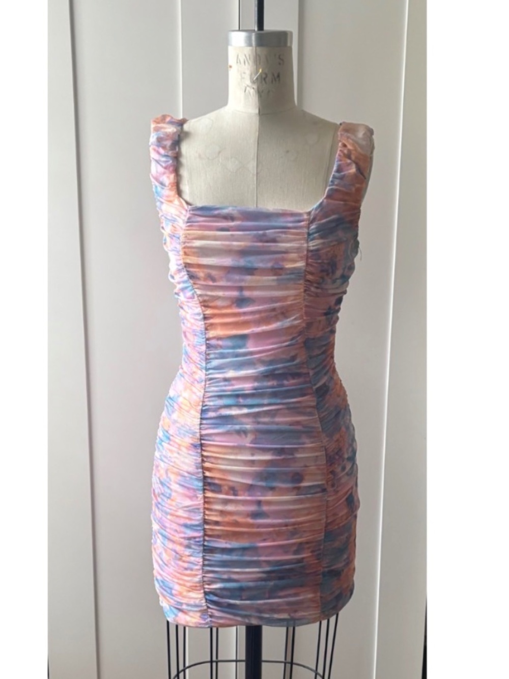 BCBG Printed Mesh Shirred Bodycon Dress